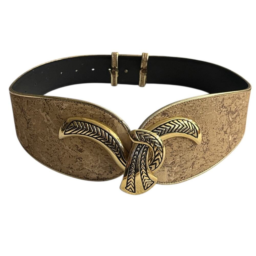 Vtg Belt Julius Resnick 80s Wide Faux Cork Gold Hook Buckle Boho Hippie Statemen